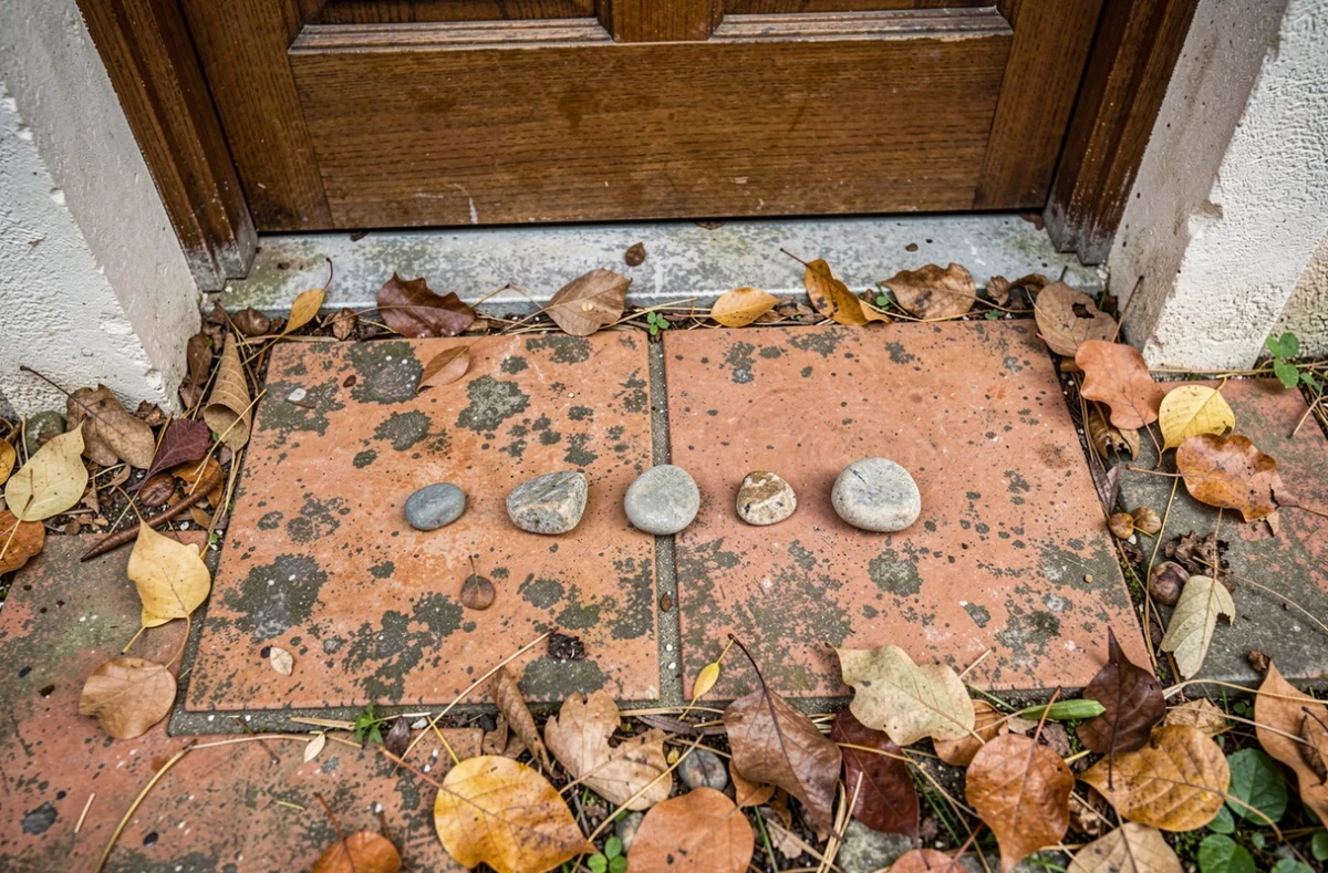 Vue rapprochée de cailloux disposés intentionnellement sur le seuil carrelé d'une maison, marquage discret associé aux repérages de cambrioleurs