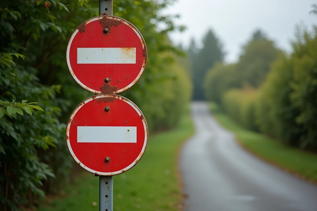 Gros plan sur trois panneaux de fin de restriction routière superposés sur un poteau à un carrefour rural en France