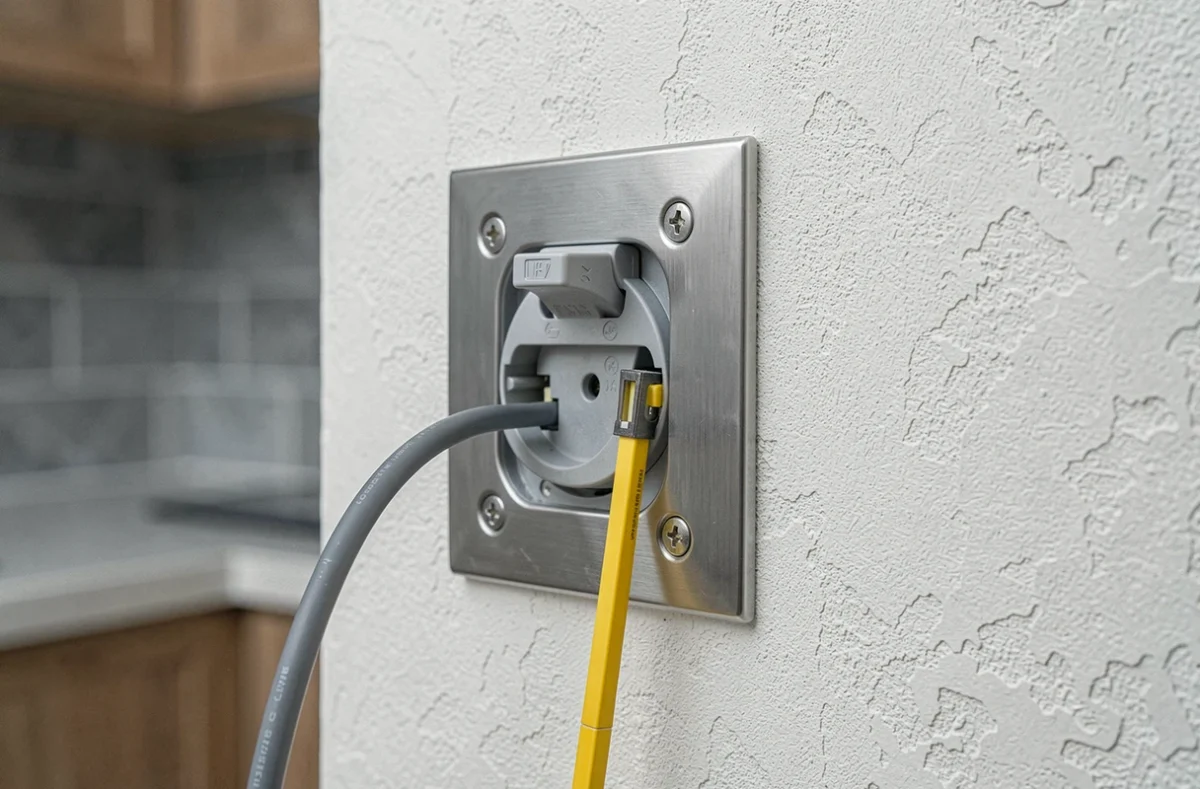 Gros plan sur une prise de courant renforcée en inox avec volets de sécurité installée dans une cuisine rénovée