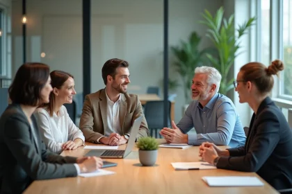 Groupe divers en r&eacute;union dans un bureau lumineux
