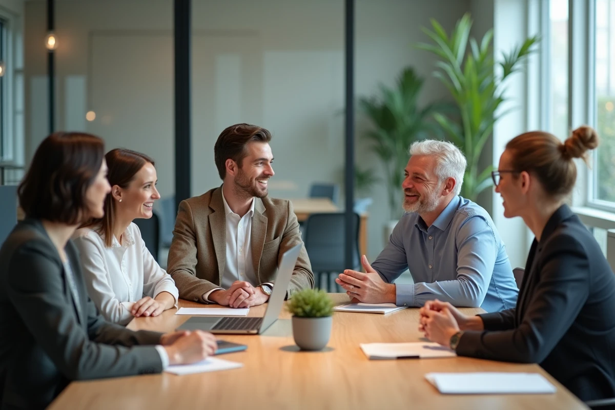 Groupe divers en réunion dans un bureau lumineux