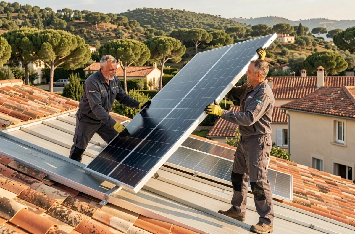 Deux techniciens de Hellios Energies posant un panneau photovoltaïque sur le toit d'une villa dans le Var