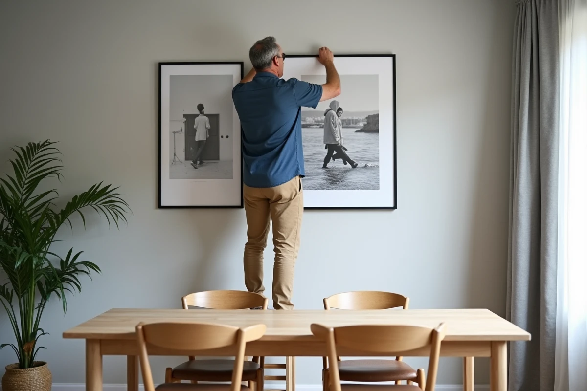 Homme ajustant une photo dans une salle à manger scandinave
