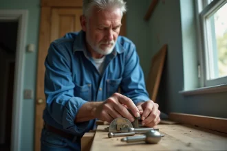 Homme moyenâgeux examine un verrou de porte en intérieur