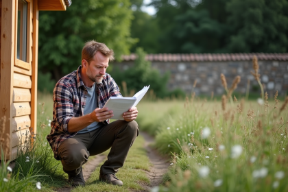 Homme en travail près d'une cabane en bois dans la campagne