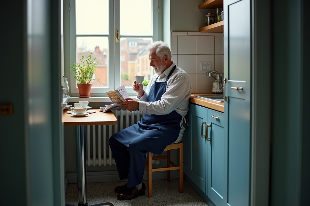 Homme âgé buvant un café dans une cuisine lumineuse