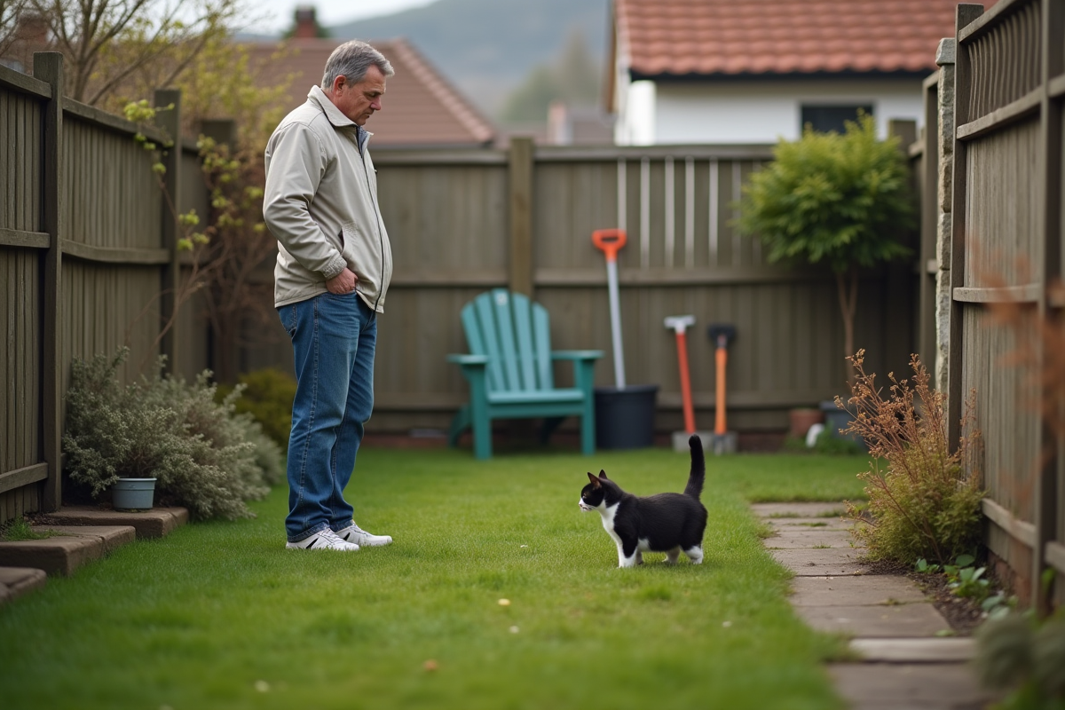 Homme regardant son chat explorer un jardin clôture