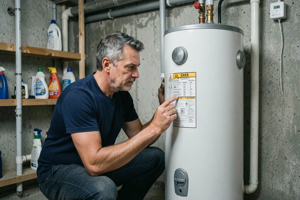 Homme lisant l'étiquette de consommation d'un chauffe-eau électrique cylindrique dans une buanderie