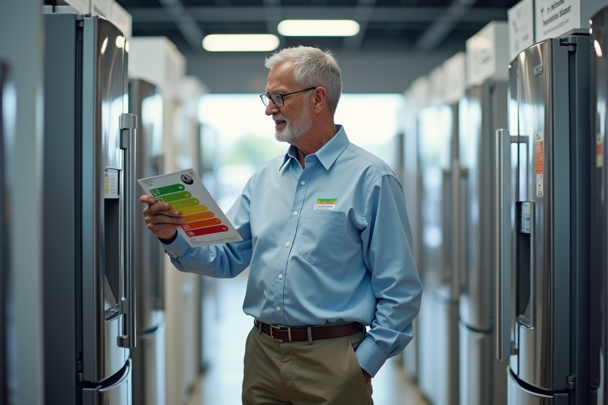 Homme âgé comparant deux étiquettes énergie de réfrigérateurs