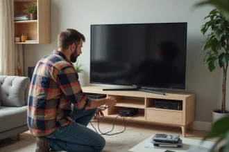 Homme connecté à une télévision moderne dans un salon contemporain