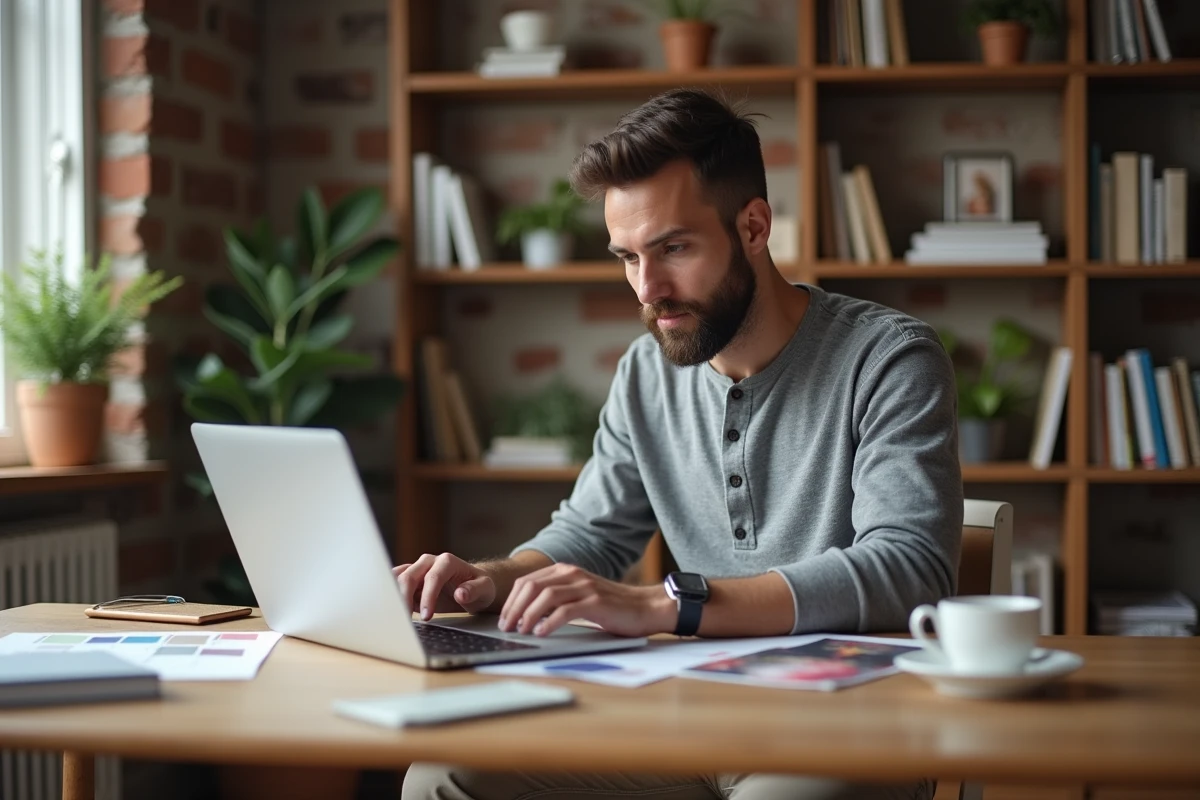 Homme consultant un site de décoration intérieure sur un ordinateur portable entouré d'échantillons de couleurs et de tissus dans un bureau à domicile