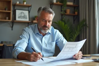Homme d'affaires examine des devis de construction dans un bureau