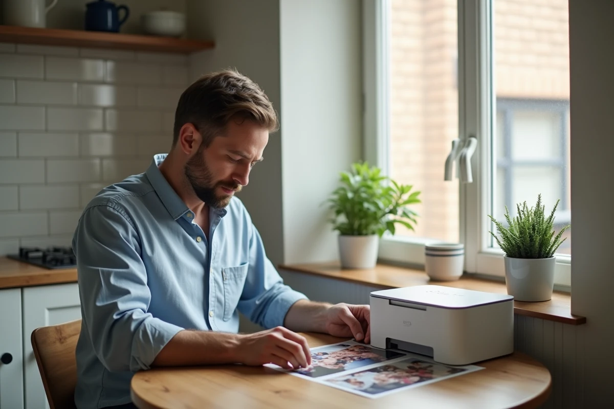 Homme récupérant une photo imprimée dans une cuisine lumineuse