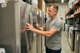 Un homme d'âge mûr évalue le poids d'un réfrigérateur d'occasion en posant les mains sur ses côtés dans un magasin d'électroménager reconditionnée