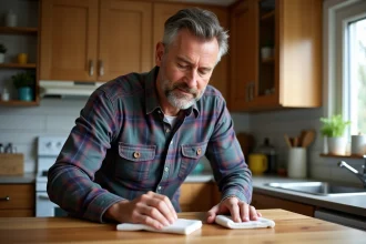 Homme appliquant de l'huile de lin sur un plan de travail en bois