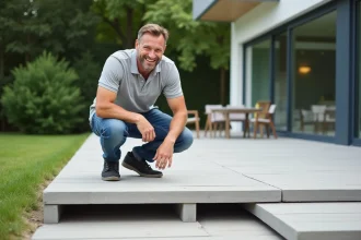 Homme souriant inspectant une terrasse modulaire en extérieur