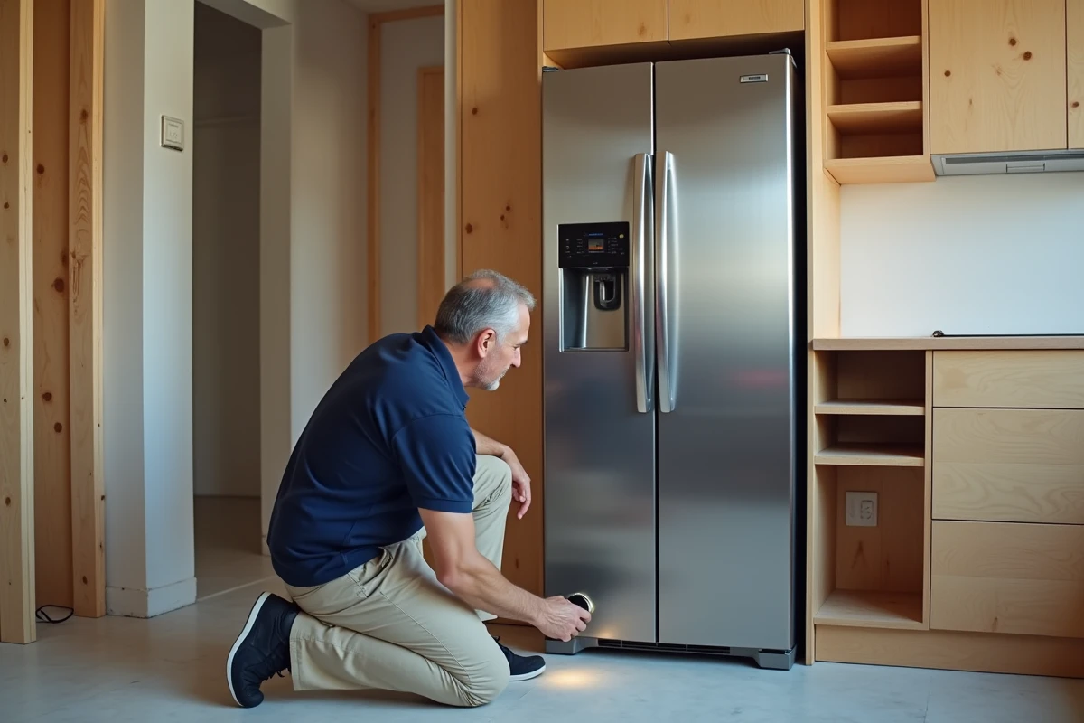 Homme inspectant le compresseur d'un réfrigérateur neuf en inox lors d'une installation en cuisine