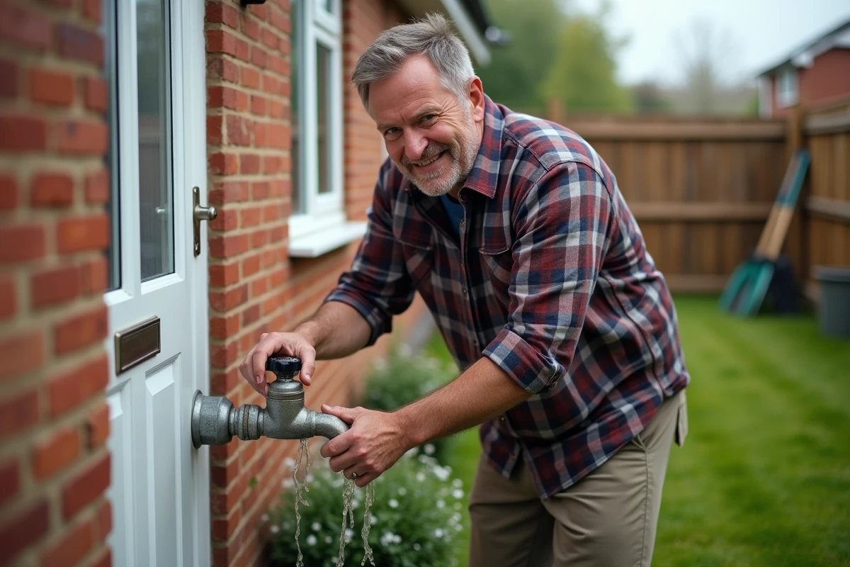 Homme arrosant le jardin devant une maison