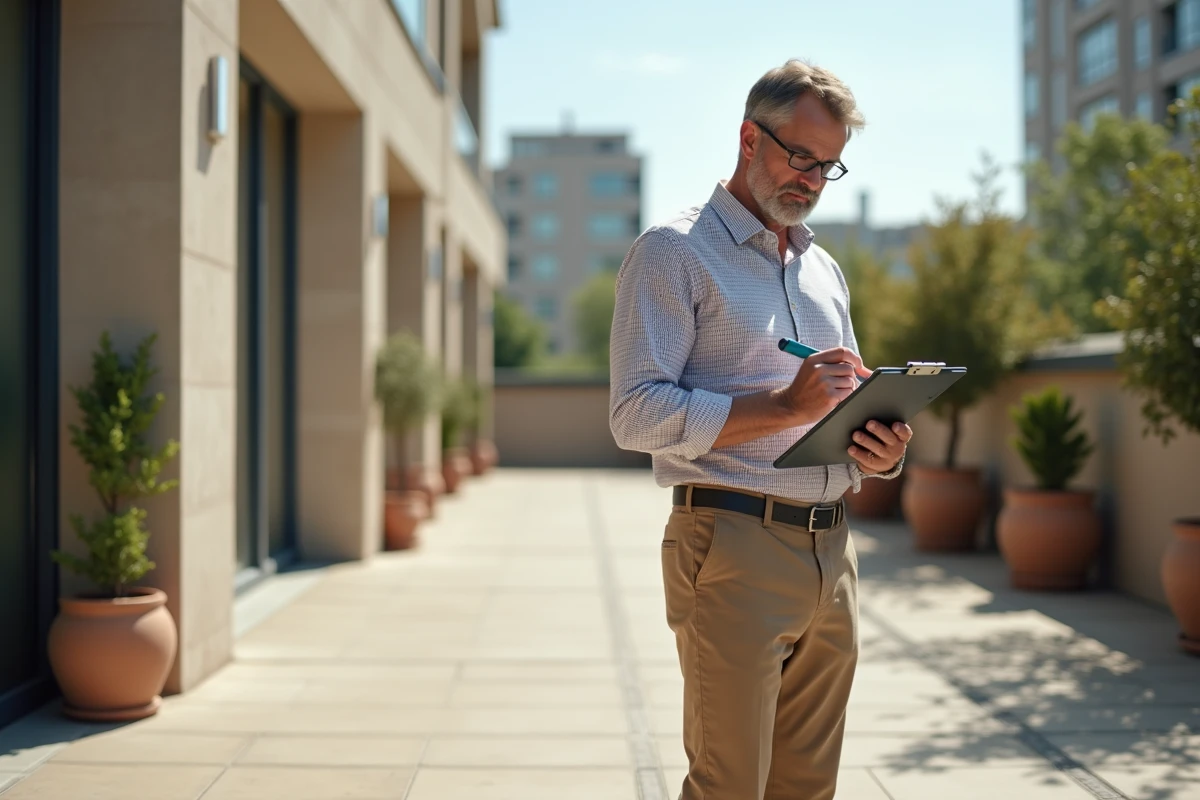 Homme mesurant une terrasse extérieure avec un laser
