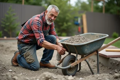 Homme mesurant du ciment en ext&eacute;rieur dans un jardin