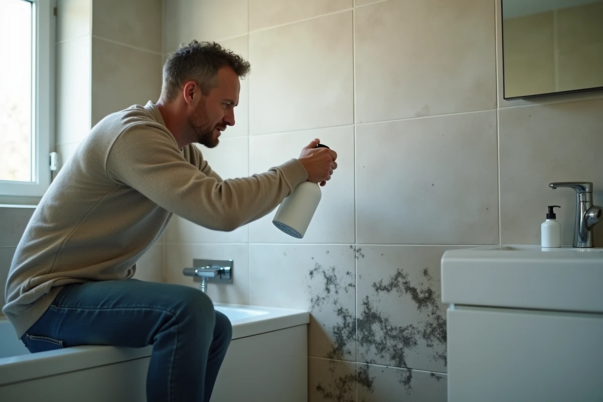 Homme pulvérisant un produit contre la moisissure dans la salle de bain