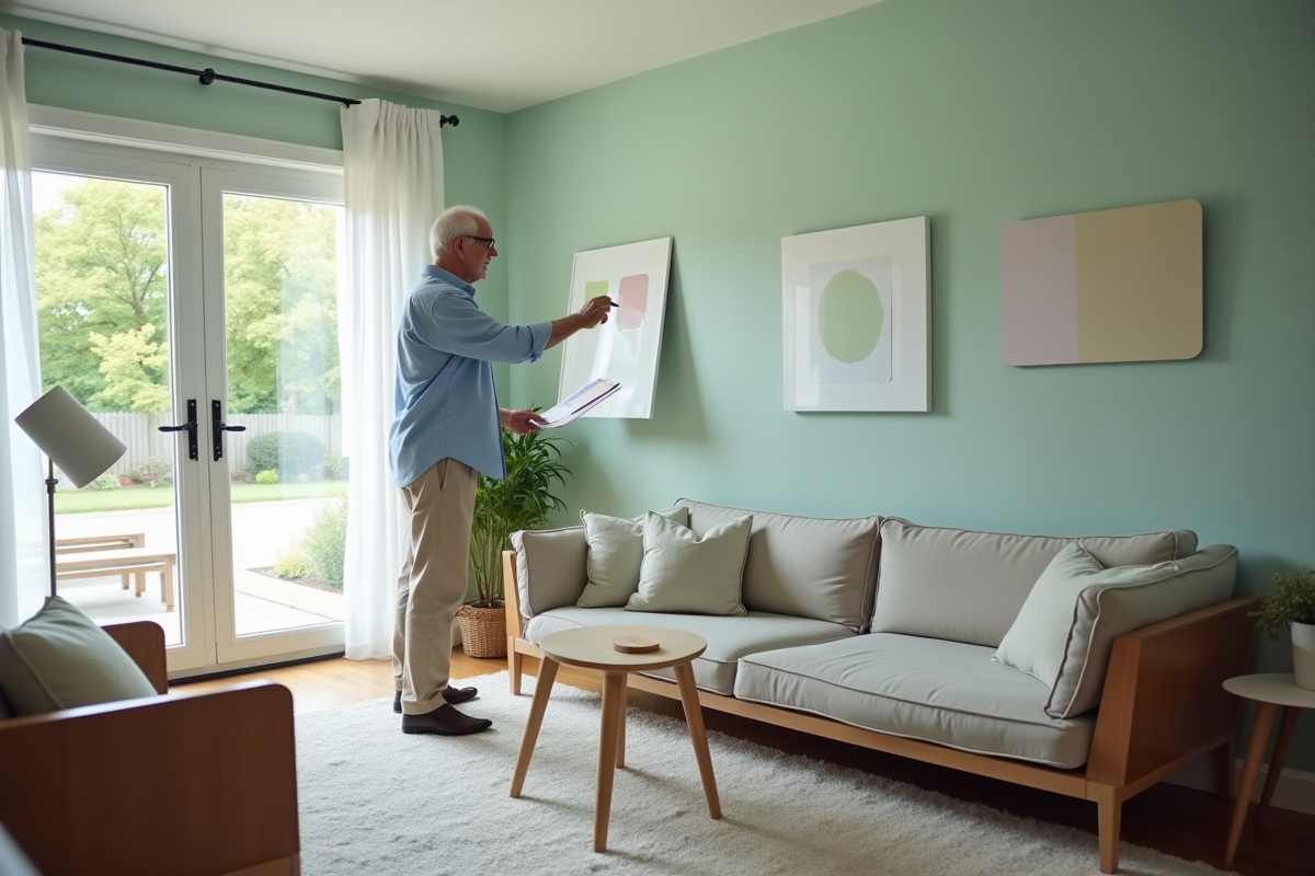 Homme arrangeant des échantillons de peinture dans un salon rénové