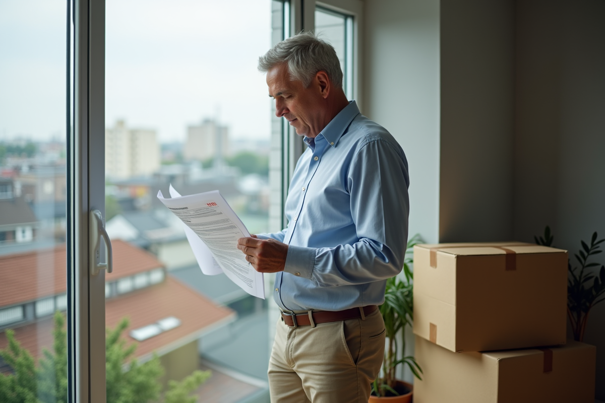 Homme vérifiant documents de déménagement près d