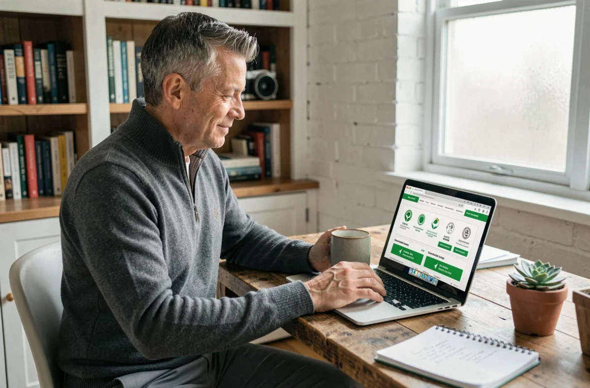 Homme consultant des labels verts écoresponsables sur un ordinateur portable dans un bureau à domicile