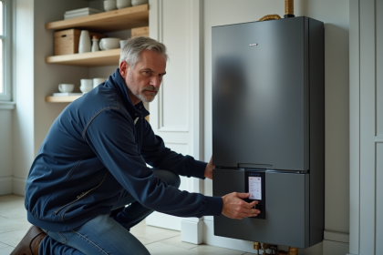 Homme d'âge moyen ajustant une chaudière murale moderne dans une pièce
