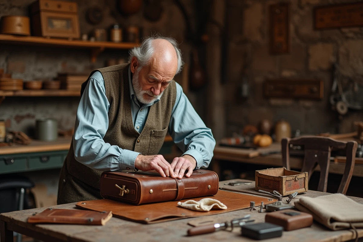 Homme inspectant un sac en cuir vintage dans un atelier
