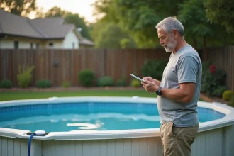 Homme d'âge moyen avec tablette près de piscine dans jardin