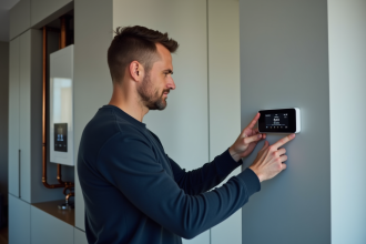 Homme d'âge moyen réglant un thermostat intelligent dans un salon moderne