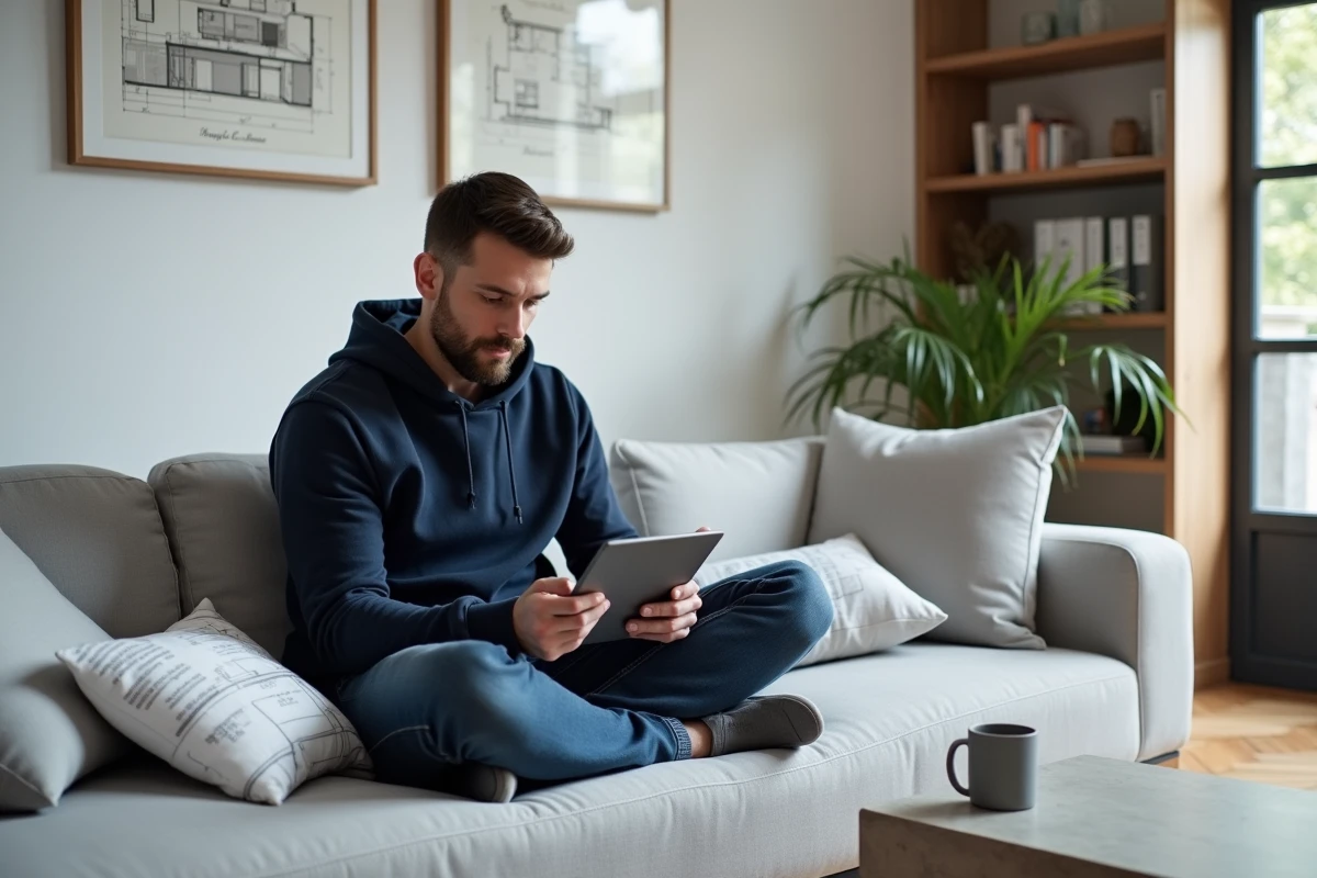 Homme consultant une veille informations travaux maison sur tablette numérique dans salon moderne avec plans architecturaux