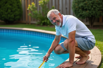 Homme d'âge moyen vérifiant le niveau d'eau de la piscine