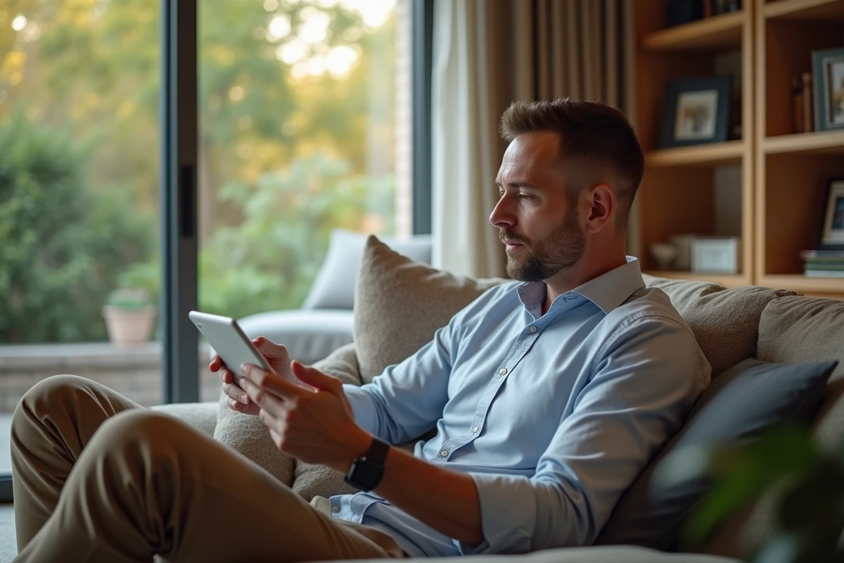 Homme regarde une visite virtuelle de maison sur une tablette dans son salon