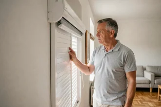 Homme examinant le mécanisme d'un volet roulant Bubendorff bloqué en haut près du caisson de coffre