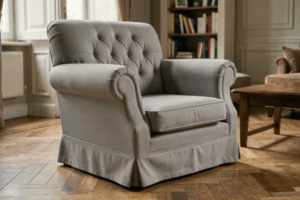 Fauteuil club recouvert d'une housse extensible gris tourterelle dans un salon parisien chaleureux avec parquet en chêne