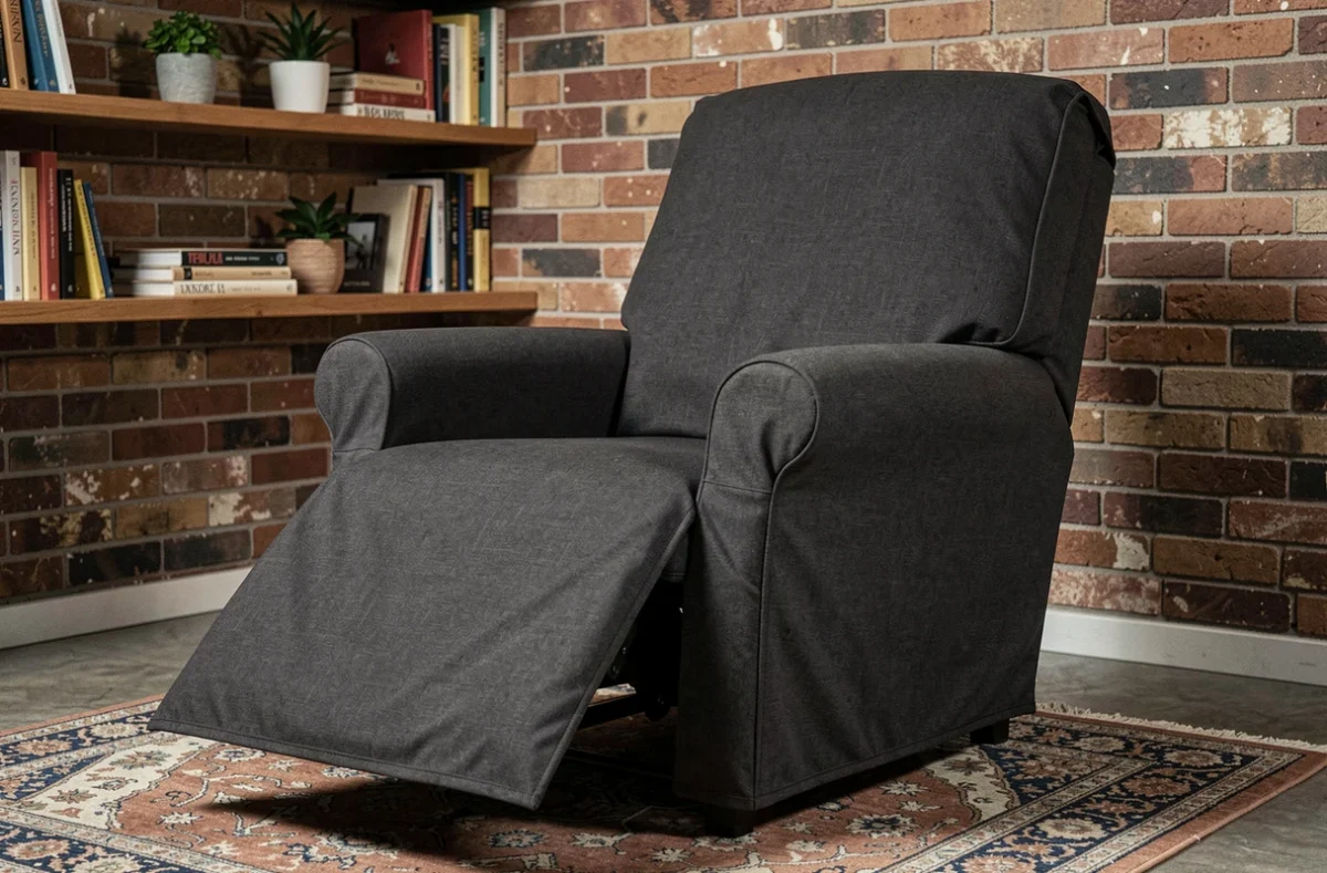 Fauteuil relax recouvert d'une housse extensible anthracite dans un coin bureau cosy avec mur en briques et étagères en bois