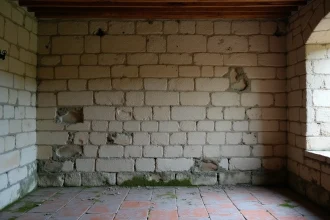 Mur en pierre ancienne présentant des traces d'humidité, d'efflorescence et de moisissures dans une vieille maison de campagne française