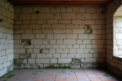 Mur en pierre ancienne présentant des traces d'humidité, d'efflorescence et de moisissures dans une vieille maison de campagne française