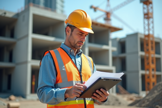 Ingénieur en construction avec tablette sur site