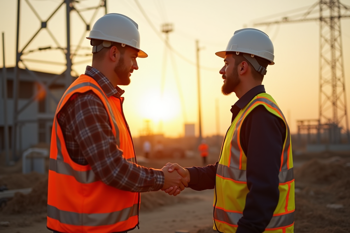 Inspecteurs électriques certifiés se serrant la main sur un chantier de construction