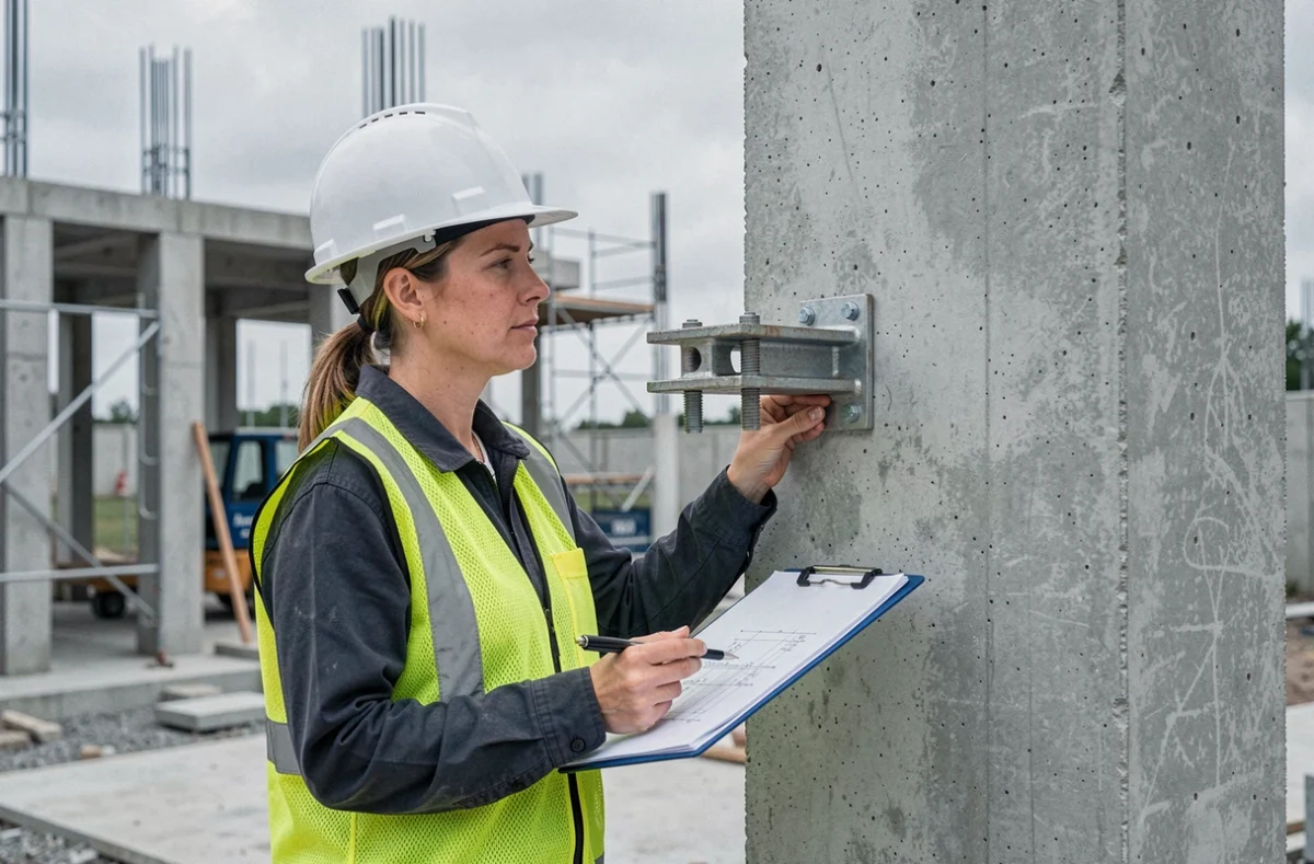 Ingénieure inspectant un point d'ancrage sur cheville à scellement chimique pour fixation de structure lourde sur chantier