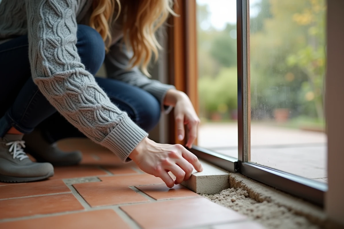 Propri&eacute;taire inspectant le joint d'isolation thermique d'une porte d'entr&eacute;e au seuil de sa maison