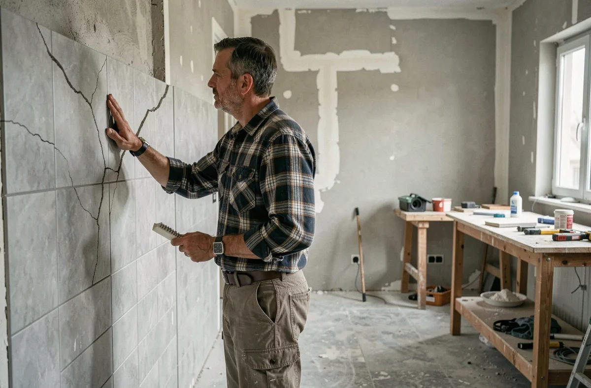 Homme inspectant les dommages dans une salle de bain avant de faire appel à un artisan qualifié