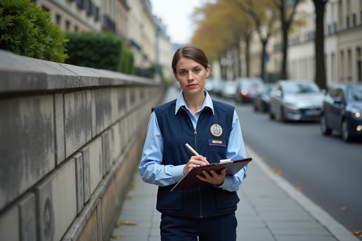 Inspectrice municipale constatant une infraction de clôture non conforme au PLU sur une voie publique résidentielle