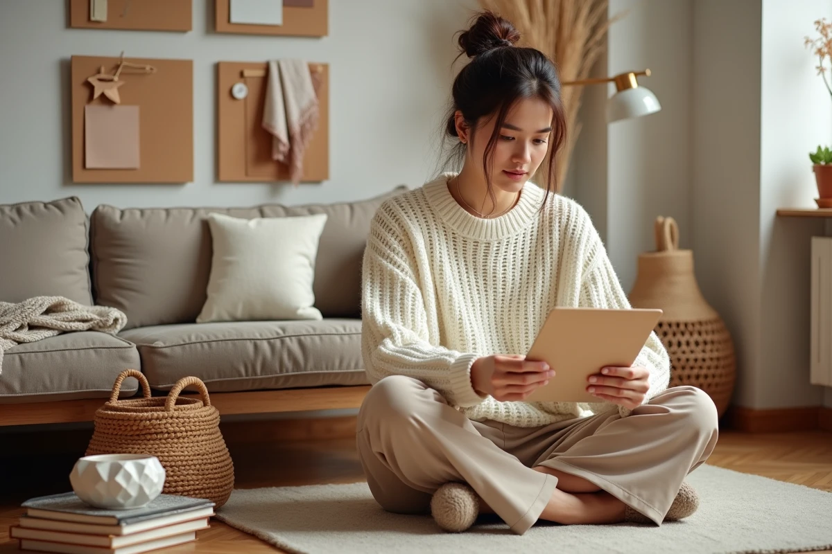 Jeune femme créant un tableau d'inspiration déco DIY dans un petit appartement au sol en parquet