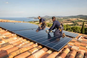 Deux installateurs de panneaux solaires sur un toit en tuiles dans le Var avec vue sur la campagne provençale