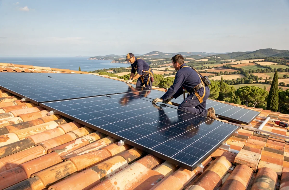 Deux installateurs de panneaux solaires sur un toit en tuiles dans le Var avec vue sur la campagne provençale