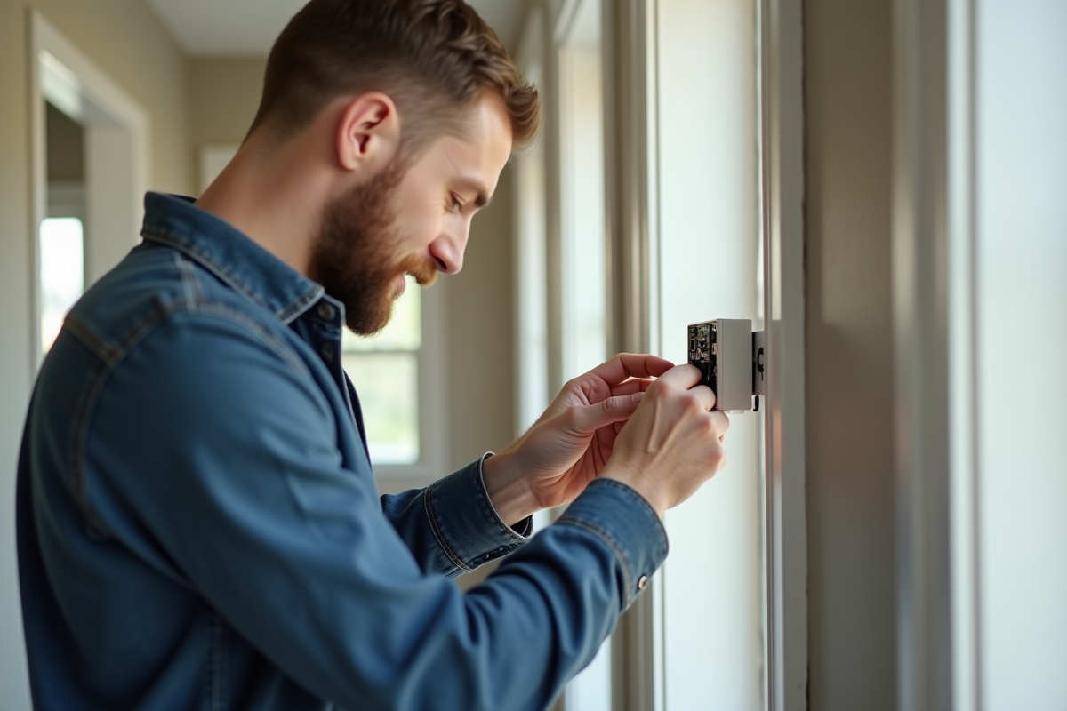 Technicien installant un capteur intelligent dans un couloir moderne